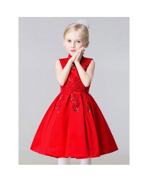 A Line Short Red Satin Lace Beaded Flower Girl Dress With Collar Gemgrace