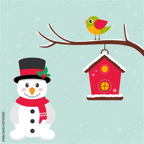 Cartoon Winter Bird And Birdhouse On A Branch And Cute Snowman Stock