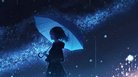 Wallpaper Girl Umbrella Rain Anime Blue Hd Picture Image