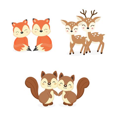 Set Of Cute Couple Woodland Animals Foxesdeersquirrels Cartoon