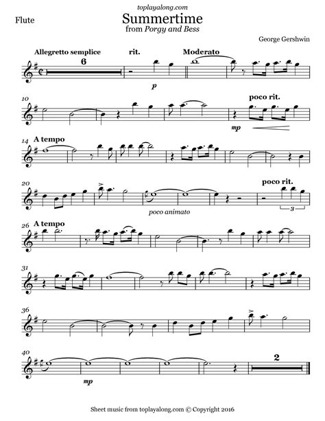 Gershwin Summertime From Porgy And Bess Jazz Sheet Music Flute