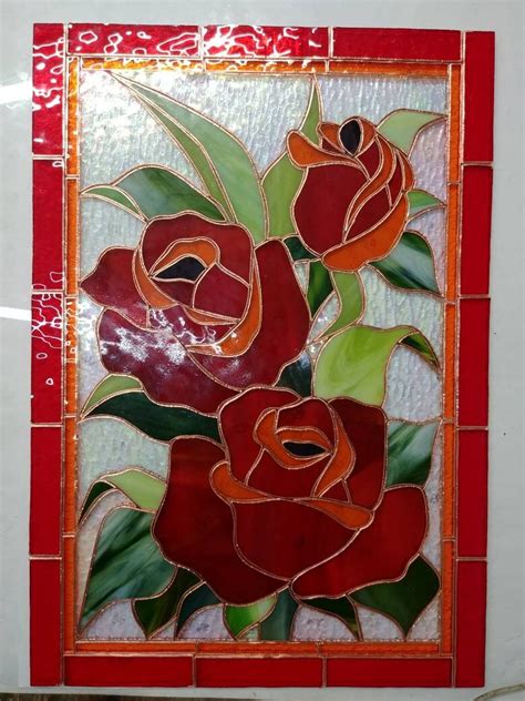 Red Roses Stained Glass Panel Stained Glass Window Hanging Etsy