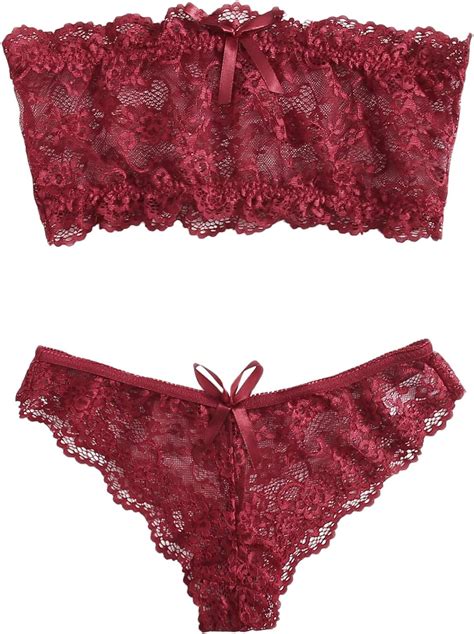 Shein Womens Floral Lace Bandeau Straplees 2pcs Bra And Panty Lingerie Set Clothing