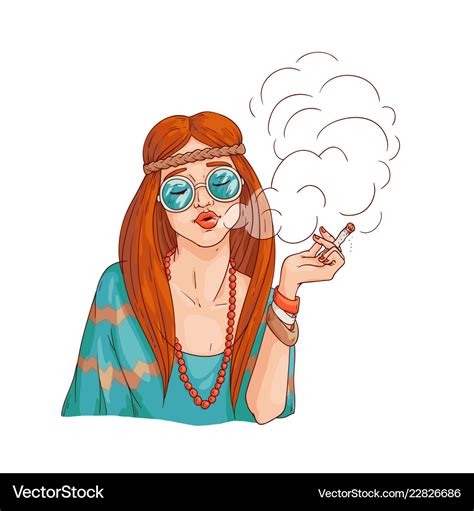 Flat Hippie Girl Smoking Cannabis Cigarette Vector Image