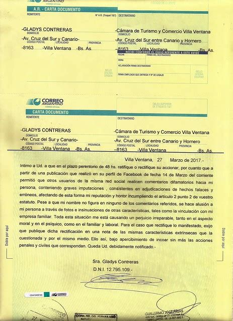 Carta Documento A La Cámara De Comercio De Villa Ventana Noticias