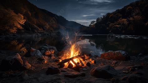Campfire By A River At Night Background A Campfire You Can Watch