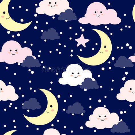Cute Cartoons Pattern Moon Cloud Stars Seamless Pattern On Blue Stock
