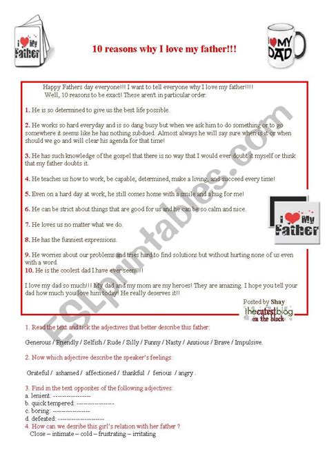 10 Reasons Why I Love My Father Esl Worksheet By Nasnous