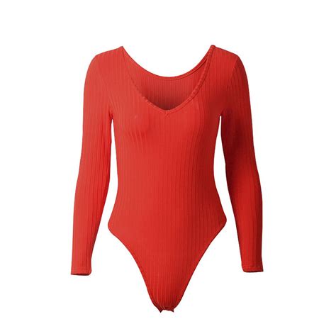 Eyicmarn Women Tight Knitted Short Romper Solid Color Long Sleeve V Neck Bodysuit Stretchy