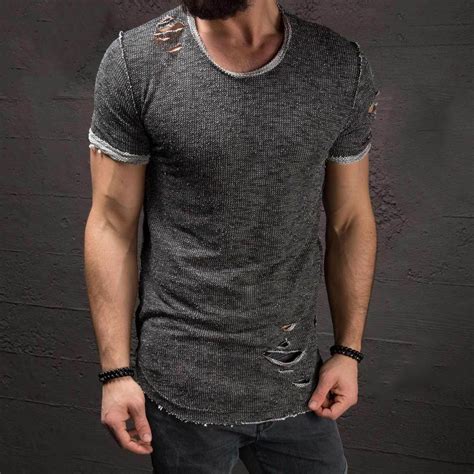Ripped Men Tee Shirt Slim Fit O Neck Short Sleeve Muscle Casual Tops T