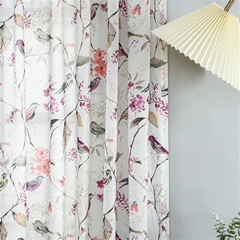 Vogol Pink Semi Sheer Curtains Birds And Flowers Printed