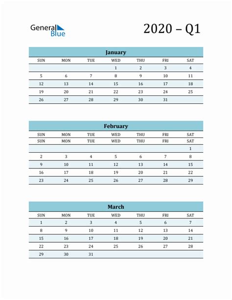 Q1 Quarterly Calendar 2020 In Pdf Word Excel