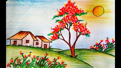 Learn How To Draw Scenery Of Flower Garden Step By Step Drawing