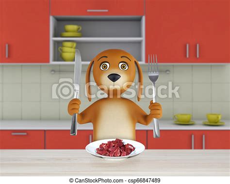 Cartoon Dog With Bowl Of Meat Holds A Knife And Fork 3d Rendering