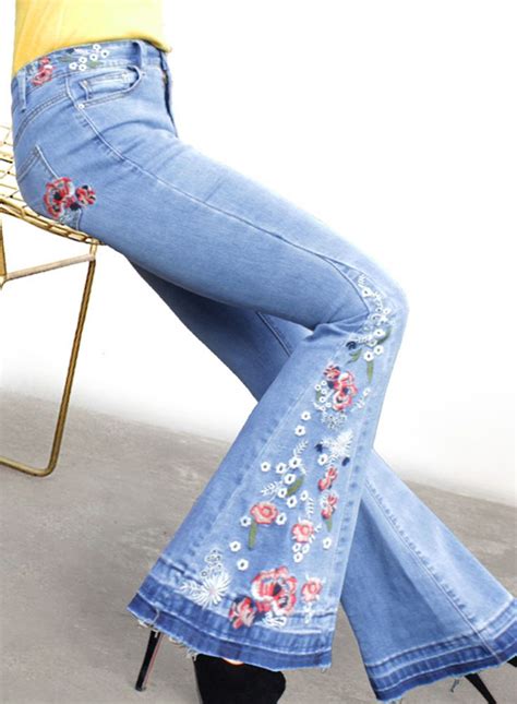 38 Womens Embroidered Bell Bottom Slim Fit Bootcut Jeans Embroidered Jeans Fashion Denim