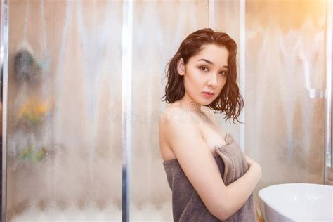 Beautiful Woman After Shower In Towel Looking At Camera Stock Photo Image Of Massage Happy