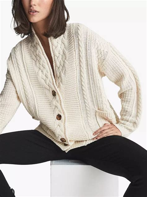 Reiss Summer Chunky Cable Knit Button Cardigan Cream At John Lewis