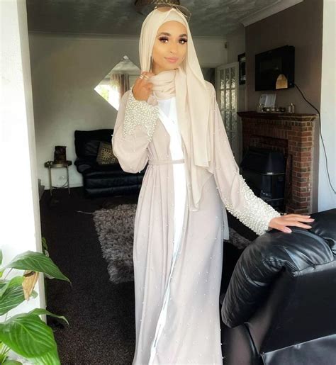 Lulu Pearls Nude Open Abaya With Pockets And Hijab Abayatopia Modern