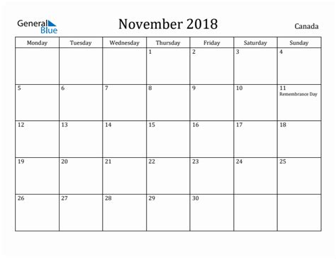 November 2018 Canada Monthly Calendar With Holidays