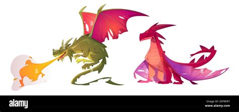 Fairy Tale Dragons Magic Creature With Tail And Wings Vector Cartoon