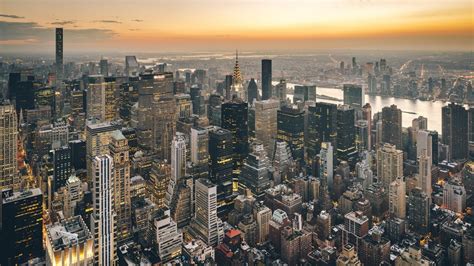 Desktop Wallpaper Aerial View Sunset New York Skyline Buildings Hd