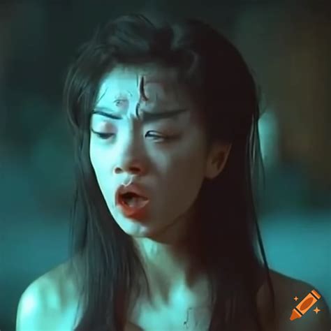 asian woman fighter with bruised and dizzy expression in 80s movie scene on craiyon