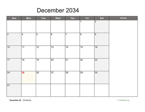 December 2034 Calendar With Notes