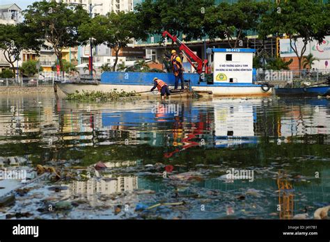 Ho Chi Minh City Viet Nam Sanitation Worker Working On Boat To