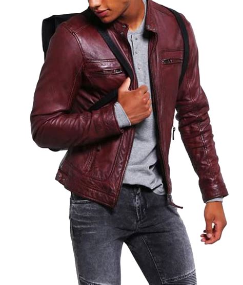 Mens Jcm270 Zipper Pockets Waxed Burgundy Leather Biker Jacket