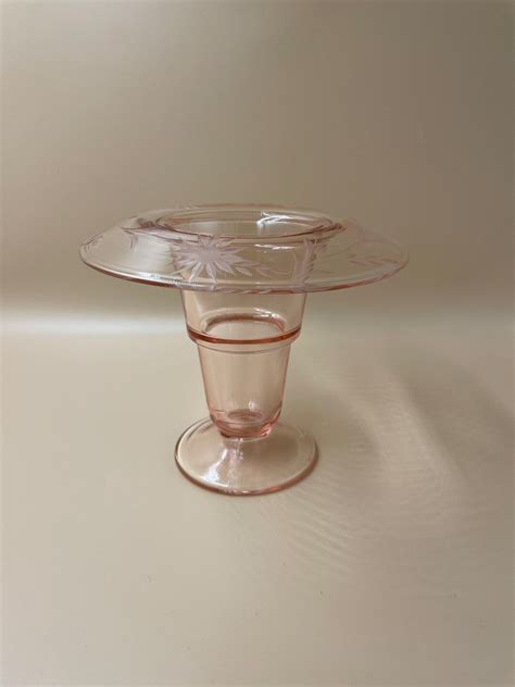 Vintage Pink Glass Vase With Etched Flowers Etsy