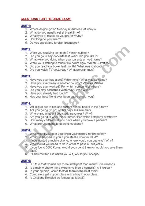 Questions For Oral Exam Esl Worksheet By Andjifer