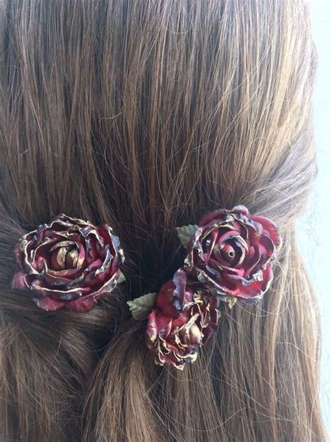 Deep Red Rose Flower Hair Pins Fall Wedding Headpiece Etsy Bridesmaid