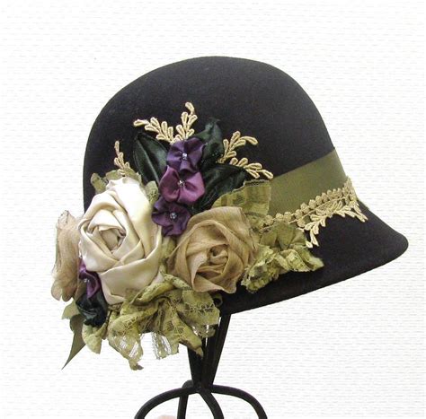 This couture hat is handmade on an antique hat block using a parasisol straw. Women's 1920's Vintage Style Black Wool Felt Cloche Hat ...