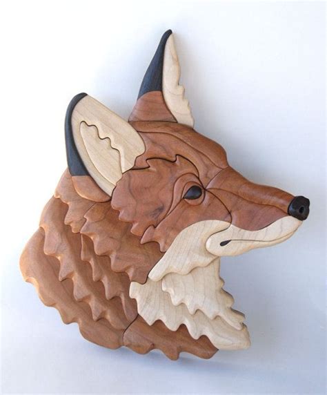 Fox Head Intarsia Wall Hanging Wooden Animal Wood Carving Red Fox