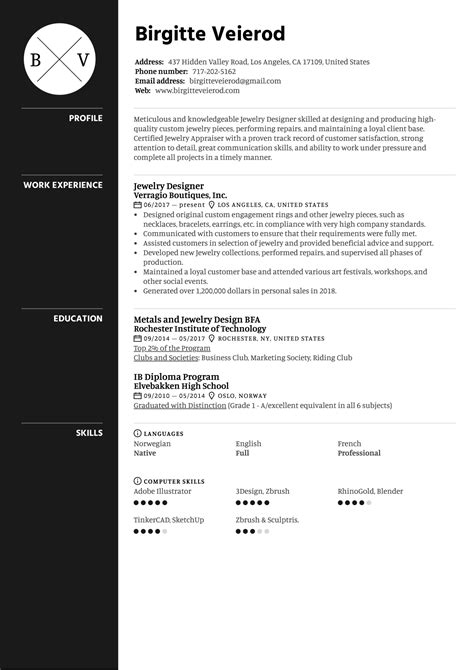 A graphic designer is a skilled creative professional who uses various software programs, for example, photoshop, gimp, and canva and techniques, such as typography and motion graphics to create original digital pieces of. Jewelry Designer Resume Sample | Kickresume