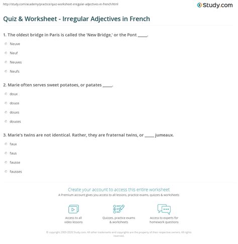 Quiz Worksheet Irregular Adjectives In French Study Hot Sex Picture