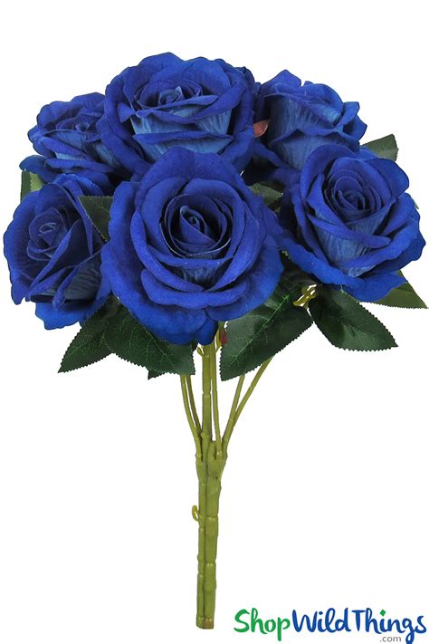 Royal Blue Velvet Roses Bouquet 16 Tall Artificial Rose Bush Spray