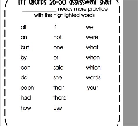 Sight Words 26 50 Assessment Sheet Sight Words Words Learning
