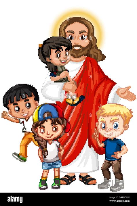 Jesús Con Un Personaje De Dibujos Animados De Grupo De Niños Imagen