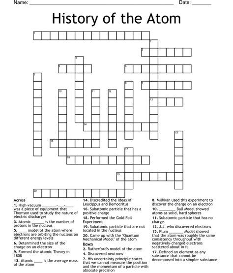 History Of The Atom Crossword Wordmint