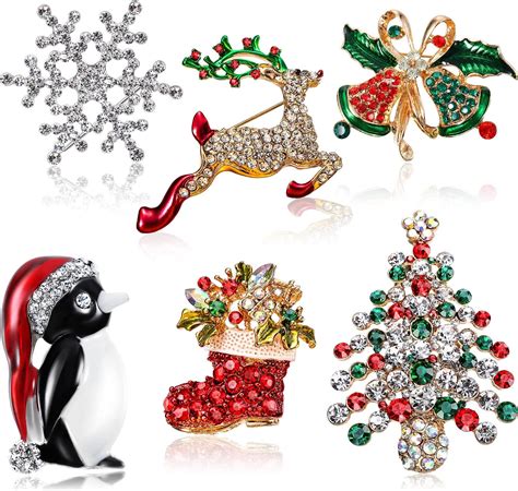 6 Pieces Rhinestone Crystal Christmas Brooch Fashion Elegant Christmas Brooch Pins