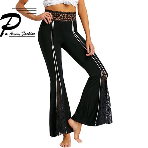 lace spliced cotton flare pants high waist stretch dance pants trousers lady womens 2018 fashion