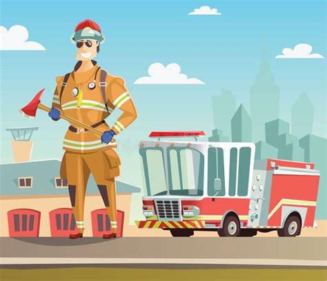 Firefighter And Fire Truck In Station Stock Illustration Illustration
