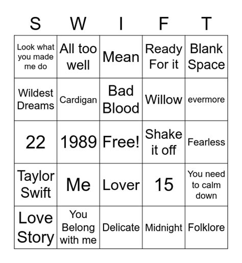 Taylor Swift Bingo Card