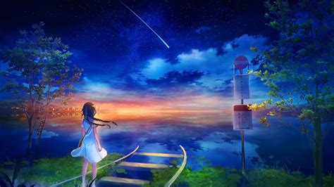 Download Colorful Anime Girl Railway Falling Star Wallpaper