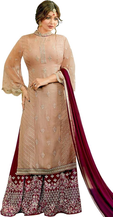 Exotic India Toasted Almond Ayesha Pakistani Salwar Kameez Suit With Zar Peach