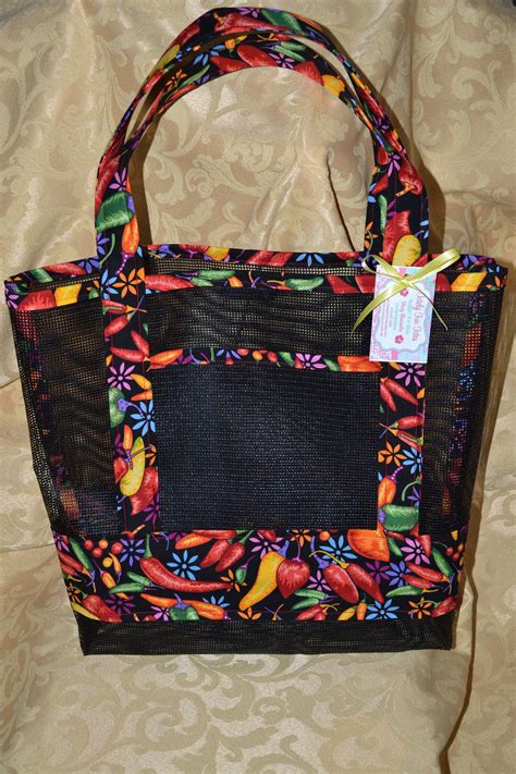 Vibrant Peppers Fabric And Vinyl Mesh Tote Bag Etsy Mesh Tote Bag
