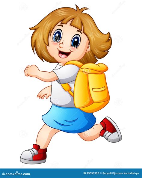 Happy Girl Cartoon With Backpack Stock Vector Illustration Of Classroom Brown 95596302