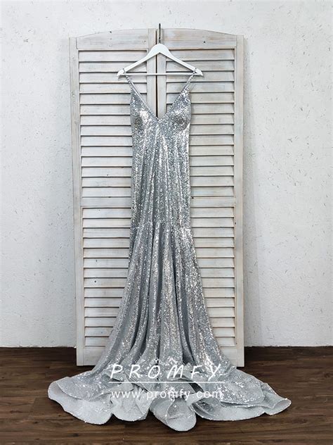 Promfy Beaded Straps V Neck Silver Sequin Long Prom Dress