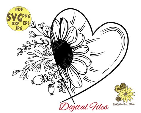 Sunflower Heart Svg Botanical Heart Svg Half Sunflower With Etsy